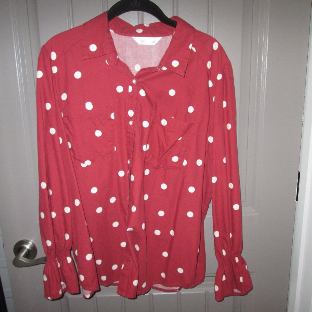 LC Lauren Conrad Button Front LS Shirt, Brown/White Dots w/Pockets, Size L